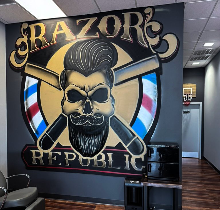 The hand-painted Razor Republic shop mural